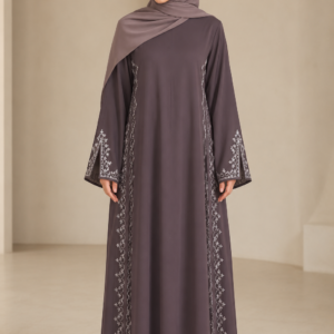 Brown Embroidered Abaya with Side Floral Lace