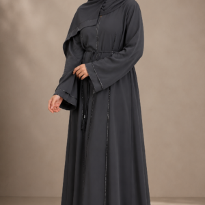 Minimal Black Stone Work Abaya with Elegant Front Open